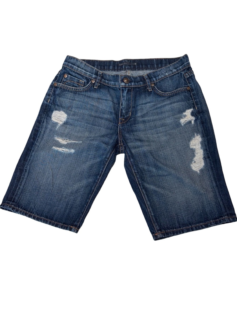 Fidelity Distressed Denim Long Shorts Women’s Size 9/25 Y2K Medium Wash Stretch